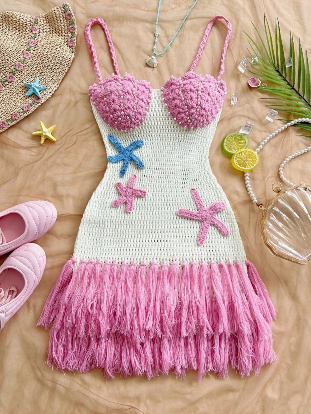 Multicolor Casual Women's Shell-Shaped Bustier Tassel Hem Mini Dress - Picture 3 of 8